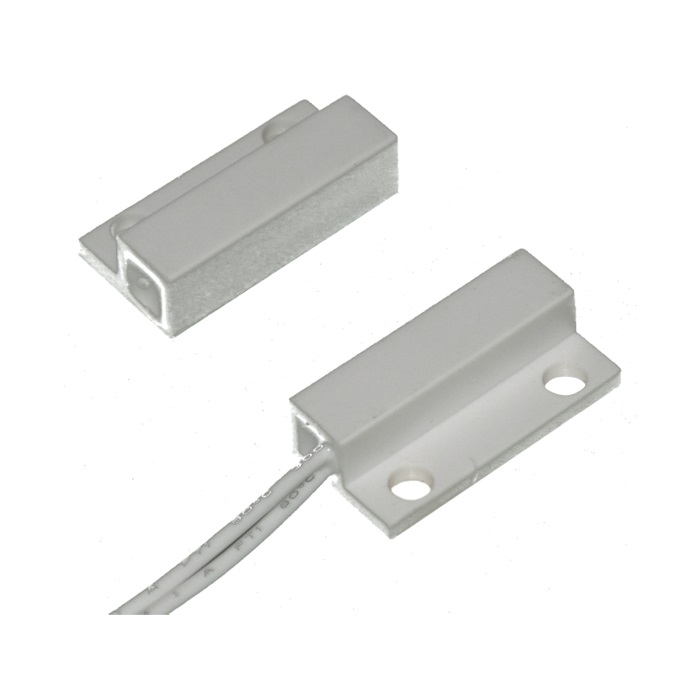 Contatto magnetico da superficie plastica bianca piccolo, terminali a filo, 26x27x9mm