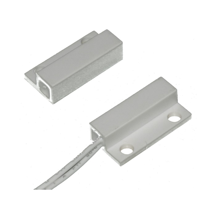 Contatto magnetico da superficie plastica bianca piccolo, terminali a filo, 26x27x9mm