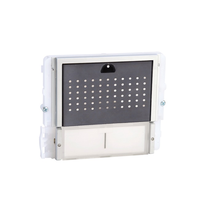 Serie Ikall - Modulo 2 pulsanti predisposto per unità audio, mascherina acciaio inox, cartellini portanome, illuminazione LED blu/bianco/spento