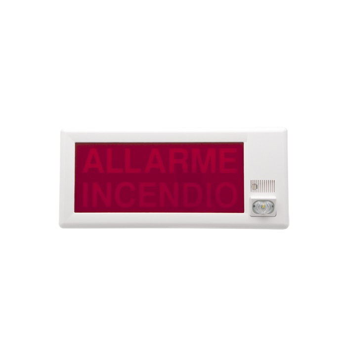 Targa ottico-acustica LED bianco lampeggiante, buzzer 79dB@1m, 50mA, copertura W 4,6x9,1m/O 4,9x9,1x9,9m, 292x130x68mm, EN54-3/23
