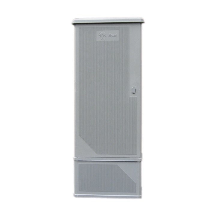 Armadio in vetroresina grigio RAL 7040 con serratura doppia chiusura unificata Enel, IP34D IK10, per contatori trifase fino a 400 Kw, montaggio a pavimento con telaio e zoccolo integrati