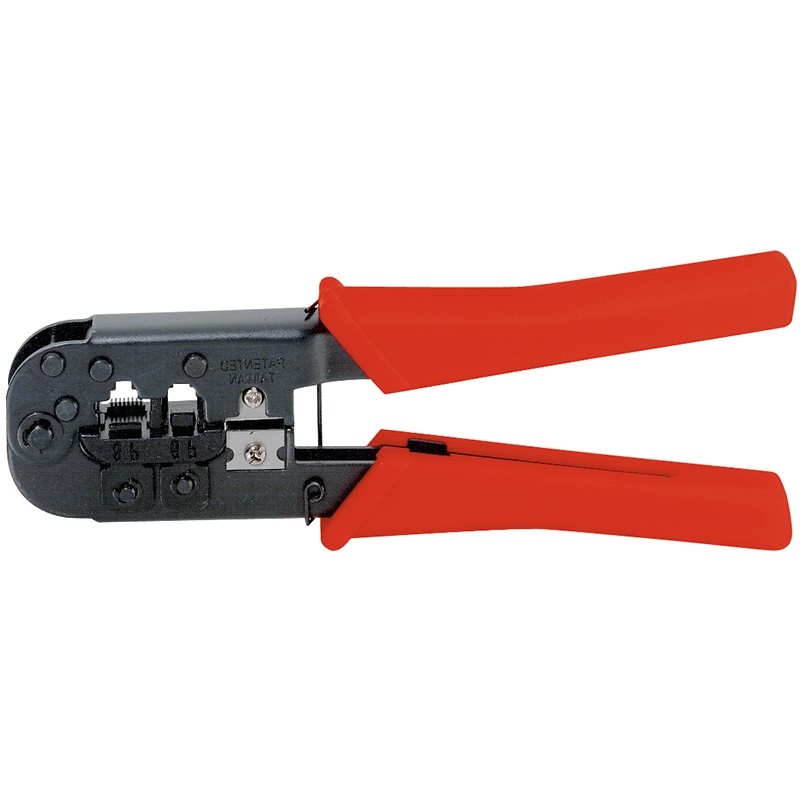 Pinza a crimpare professionale per spine telefoniche 6 e 8 poli con impugnature ergonomiche rosse, ideale per installazioni rapide e sicure in impianti di telecomunicazioni