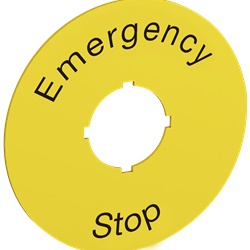 Targhetta alluminio 70 mm per pulsante emergenza testo nero giallo, segnalazione comandi arresto industriale