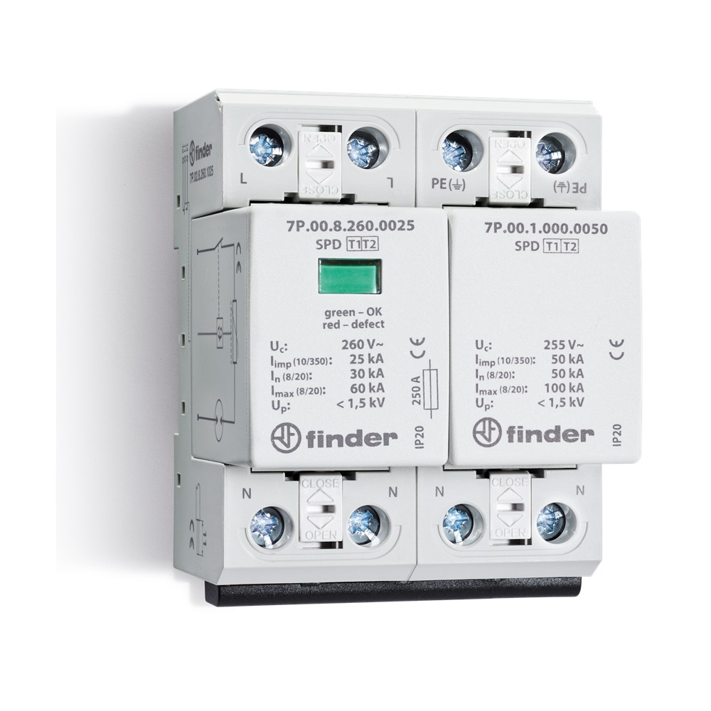 Scaricatori di sovratensione 260 V Max (Uc) per SPD Tipo 1+ 2 (per UN = 230-240 V AC) 25 kA (I Tipo 1+2)