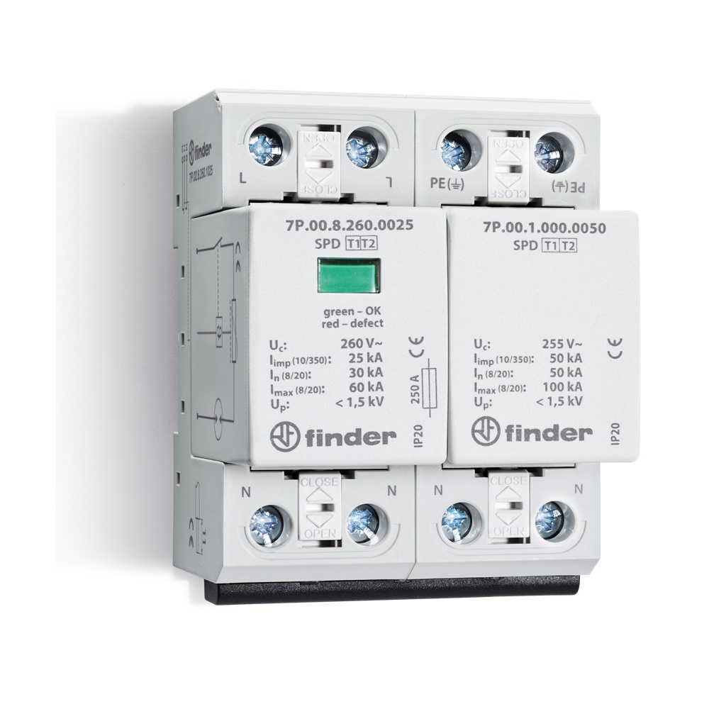Scaricatori di sovratensione 260 V Max (Uc) per SPD Tipo 1+ 2 (per UN = 230-240 V AC) 25 kA (I Tipo 1+2)