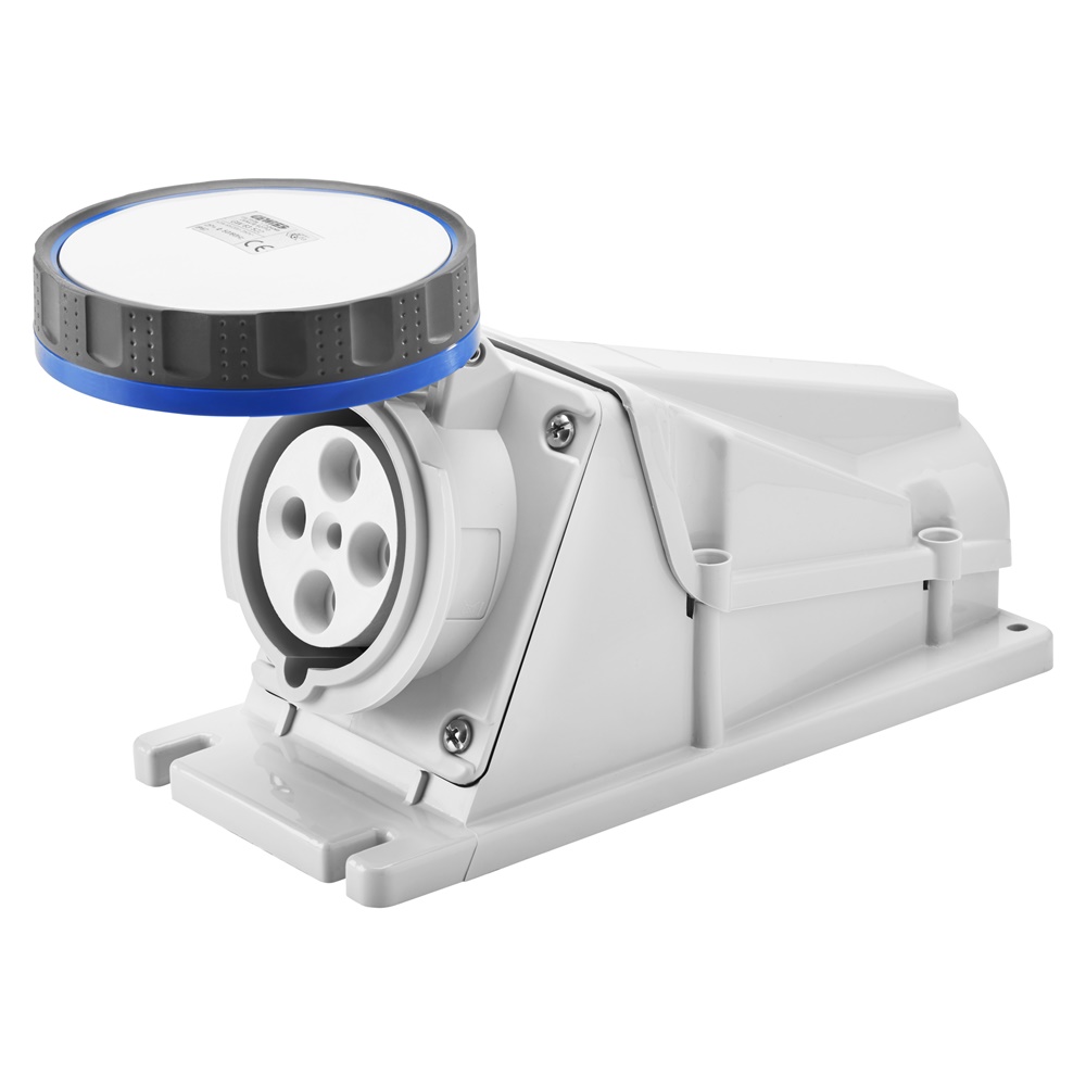 PRESA FISSA DA PARETE A 90° - IP67 - 3P+T 63A 200-250V 50/60HZ - BLU - 9H - CABLAGGIO A VITE
