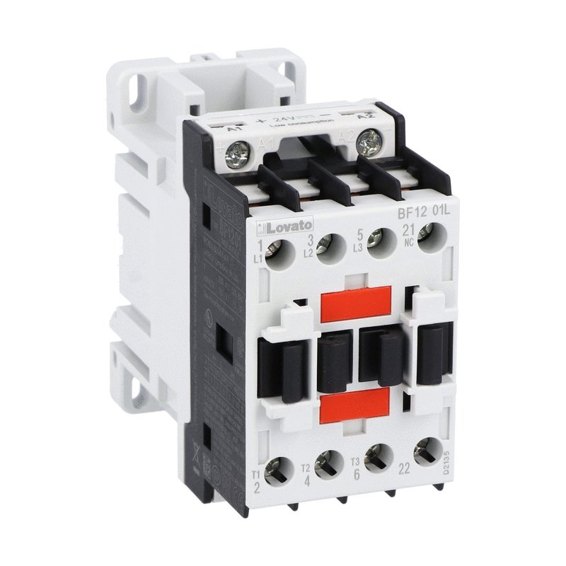 Contattore tripolare 12A AC3 bobina 24V DC basso consumo con 1 contatto ausiliario NC