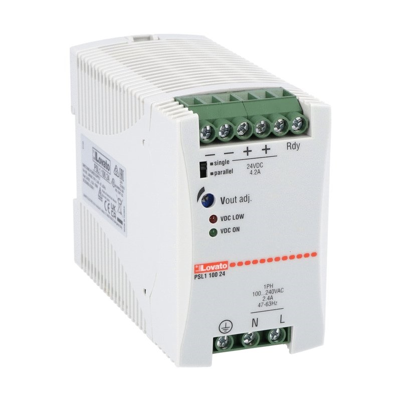 Alimentatore switching 24VDC 100W 4,2A fissaggio su guida DIN monofase