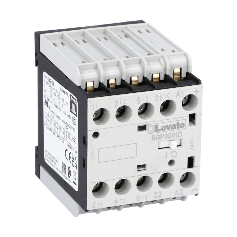 Contattore tripolare 9A AC3 24V DC bobina 1NC attacchi circuito stampato retro