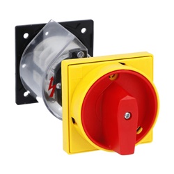 Interruttore 4 poli 25A comando manuale con blocco portella e lucchetti rosso/giallo per uso industriale