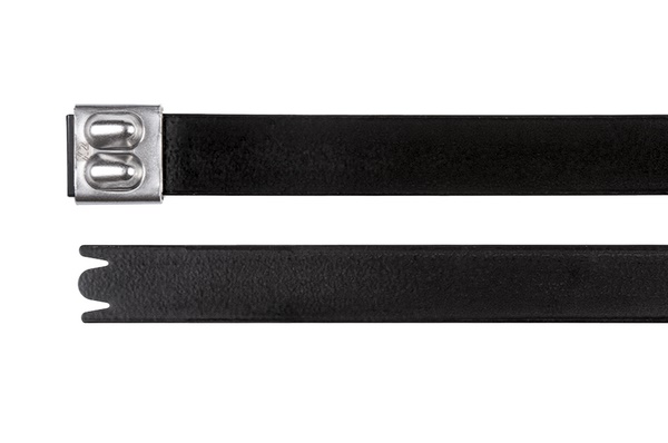Fascetta inox AISI 316 rivestita poliestere 362x12,3 mm per fissaggi industriali resistenti e antincendio