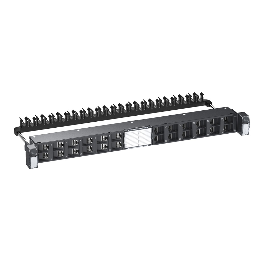 Patch panel angolare Actassi 24 porte RJ45 Cat6A FTP per rack 19 gestione cavi verticale