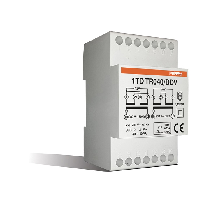 Trasformatore modulare 40VA 230V uscite 12-12-24V montaggio DIN servizio continuo