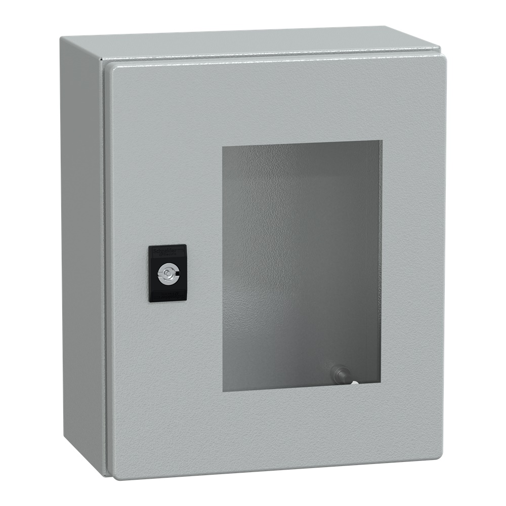 Cassetta acciaio montaggio parete 300x250x150 mm porta trasparente IP66 IK08 grigio RAL 7035
