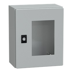 Cassetta acciaio montaggio parete 300x250x150 mm porta trasparente IP66 IK08 grigio RAL 7035