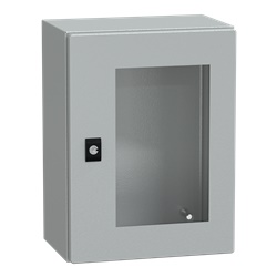 Cassetta acciaio montaggio parete 400x300x200 porta vetro trasparente IP66 IK08