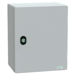 Cassetta in poliestere con porta liscia e piastra metallica, 308x255x160 mm, IP66, IK10, RAL 7035