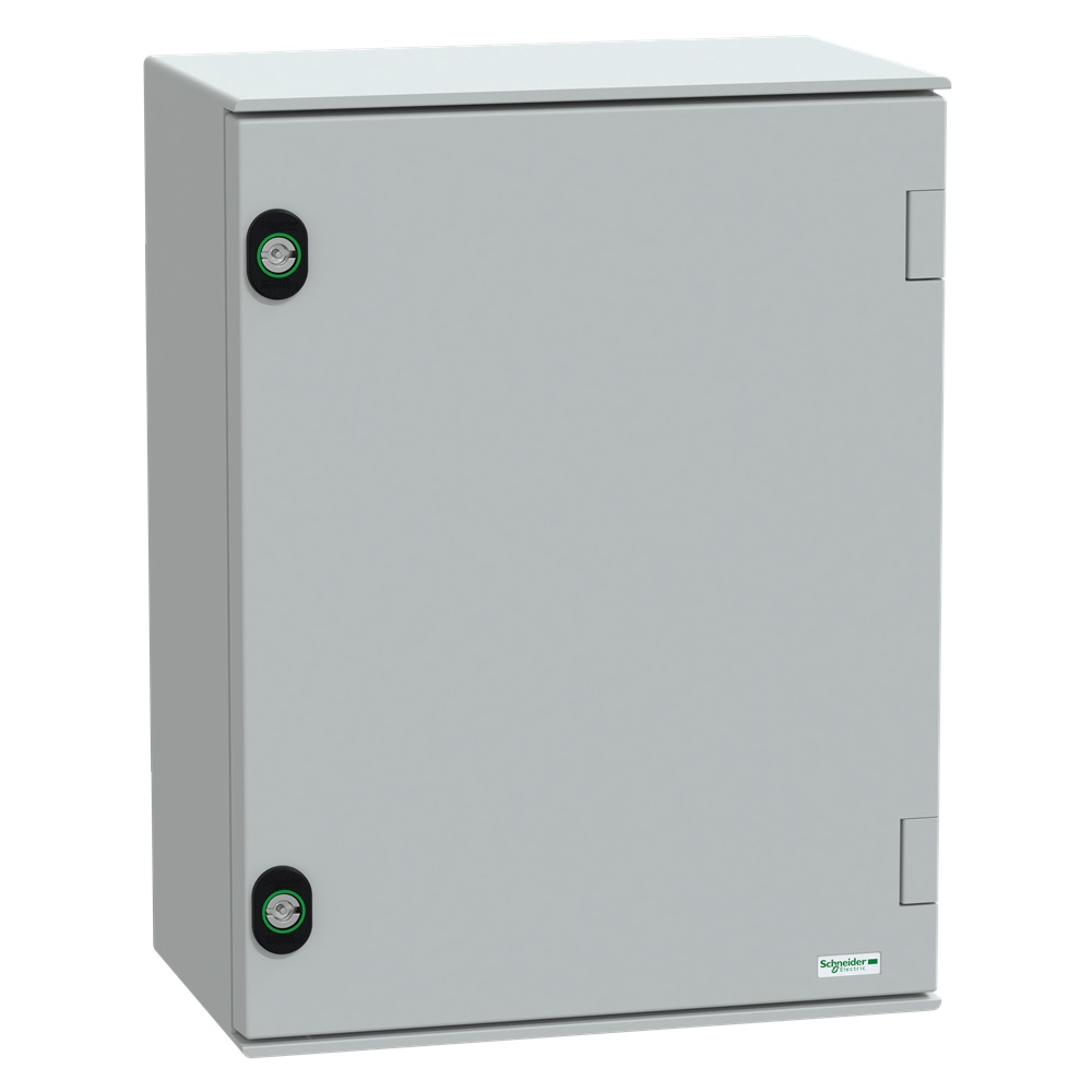 Cassetta in poliestere montata a parete, Thalassa PLM, porta piena, con piastra in bakelite, 430x330x200mm, IP66, IK10, RAL 7035