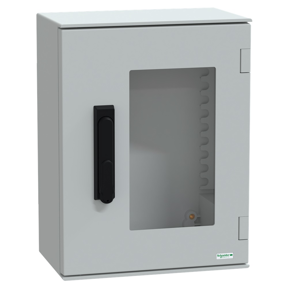 Cassetta in poliestere montata a parete, Thalassa PLM, porta trasparente, con maniglia, 430x330x200mm, IP66, IK08, RAL 7035