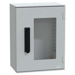 Cassetta in poliestere montata a parete, Thalassa PLM, porta trasparente, con maniglia, 430x330x200mm, IP66, IK08, RAL 7035