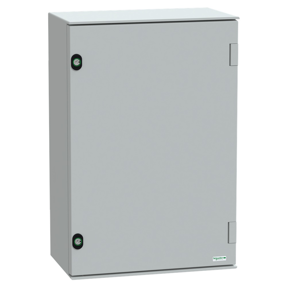 Cassetta in poliestere montata a parete, Thalassa PLM, porta piena, con piastra in bakelite, 647x436x250mm, IP66, IK10, RAL 7035