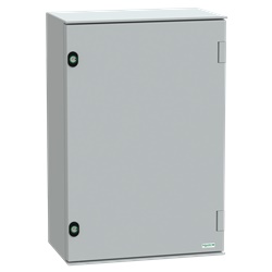 Cassetta in poliestere montata a parete, Thalassa PLM, porta piena, con piastra in bakelite, 647x436x250mm, IP66, IK10, RAL 7035
