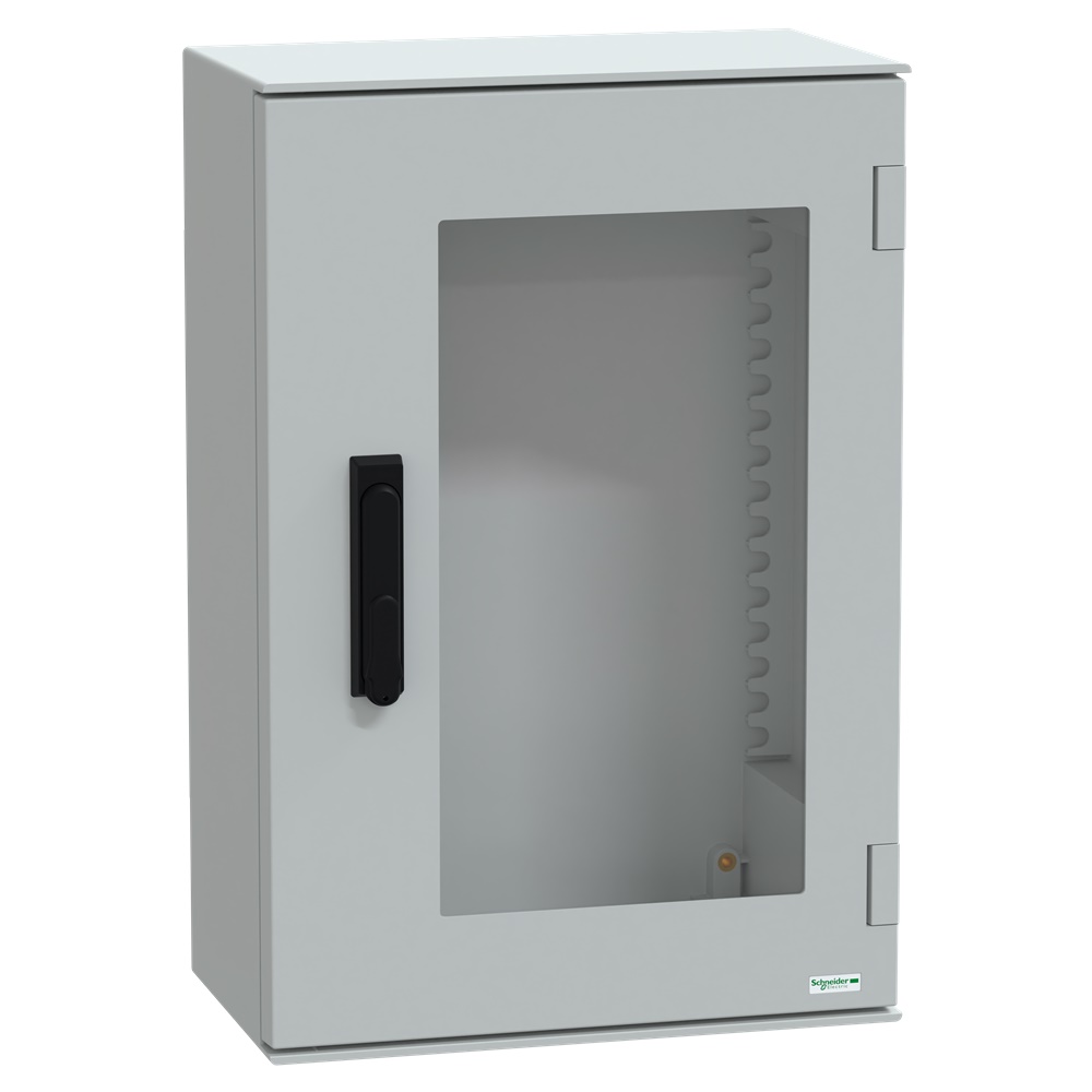 Cassetta in poliestere montata a parete, Thalassa PLM, porta trasparente, con maniglia, 647x436x250mm, IP66, IK08, RAL 7035