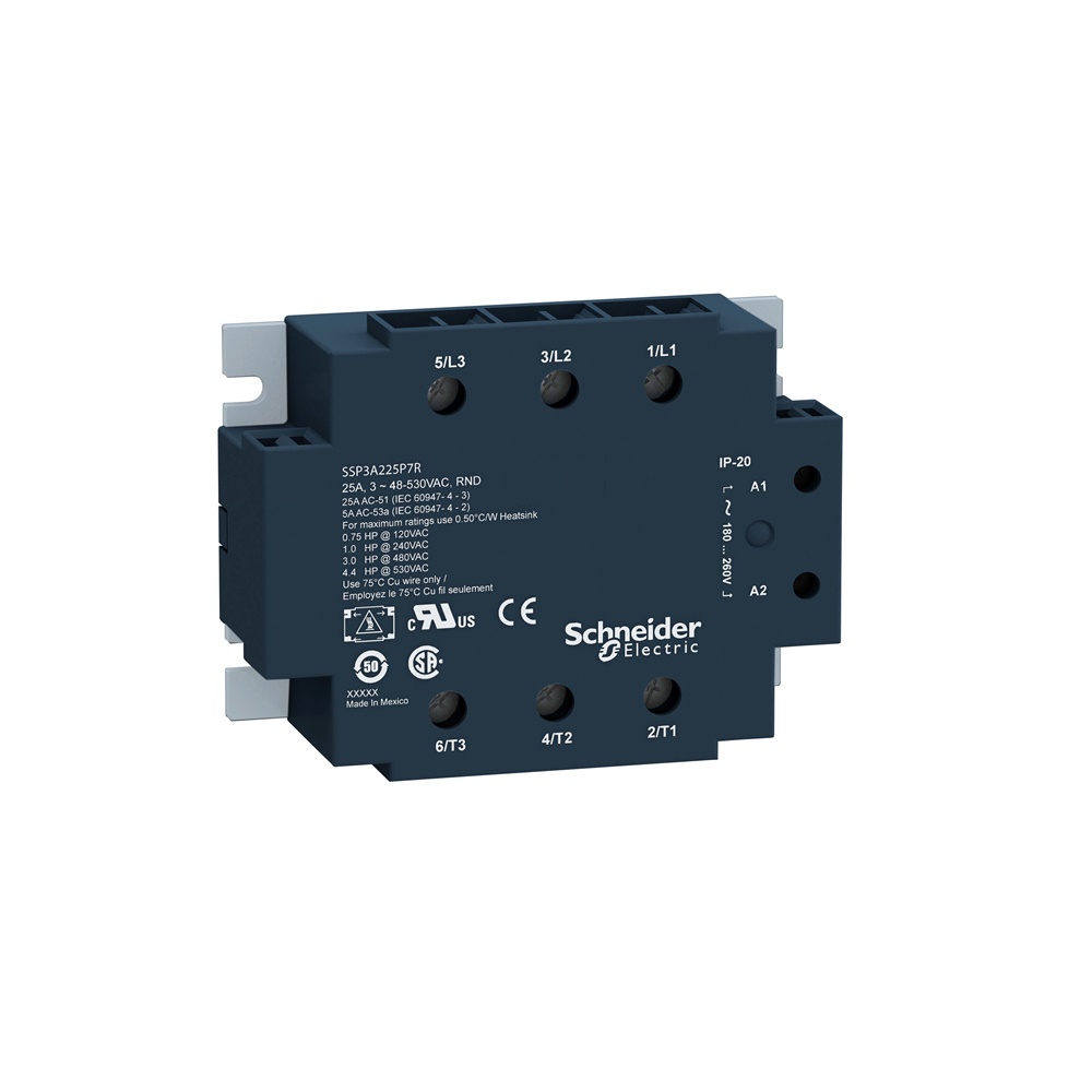 Relè statico trifase Harmony,50 A,montaggio a pannello,commutazione zero tensione,interfaccia termica,ingresso da 90 a 280 VAC, uscita da 42 a 660 VAC