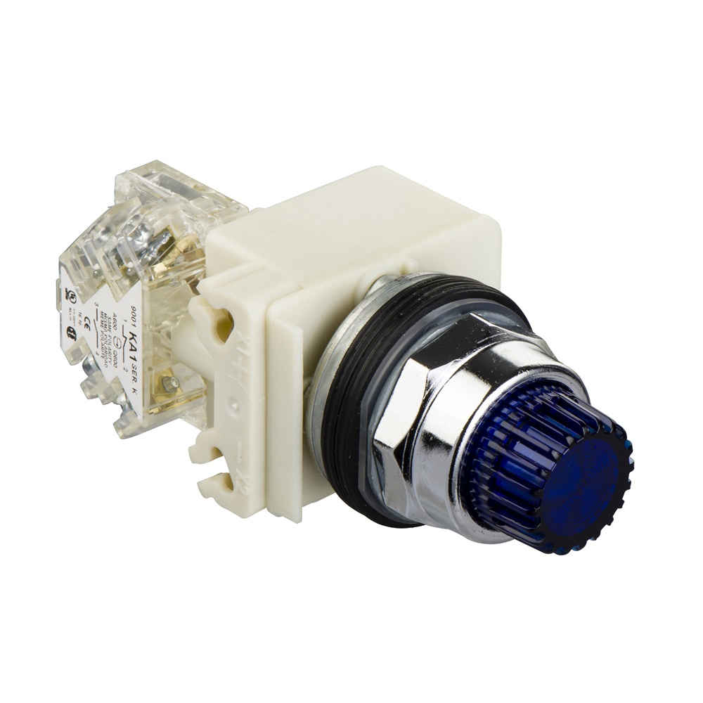 Pulsante luminoso blu Ø30 - sporgente con ritorno - 24V - 1 NC/NO