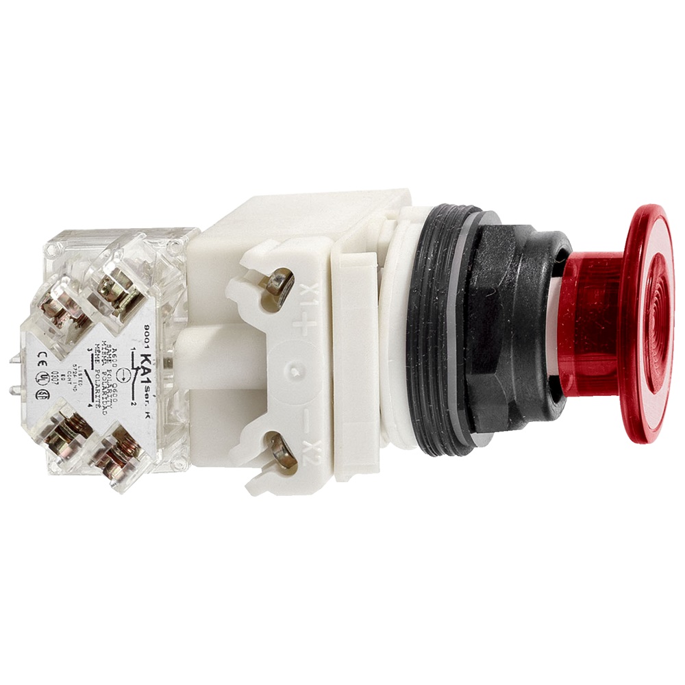 Pulsante luminoso Ø30 - testa a fungo Ø41mm - rosso - 2 pos. - 24V AC/DC