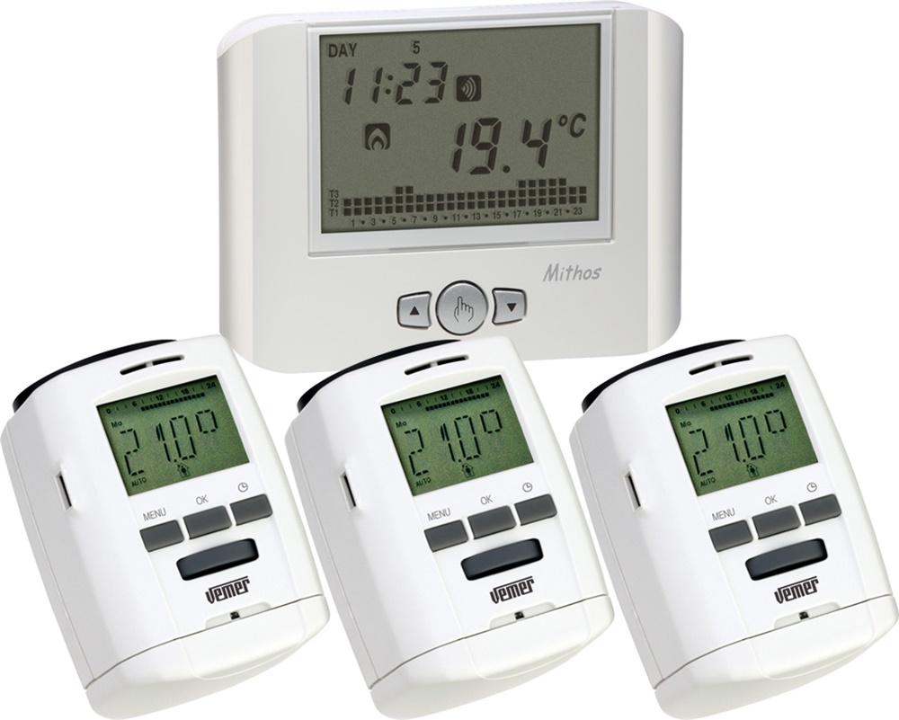 Kit cronotermostato Mithos RF bianco + 3 attuatori ThermoPro RF controllo remoto riscaldamento casa senza fili