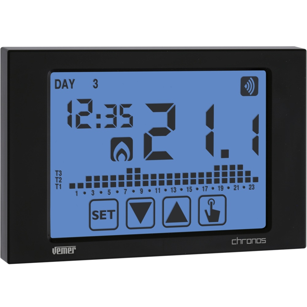 Cronotermostato touch screen nero radiofrequenza con programmazione settimanale batterie per regolazione temperatura ambiente