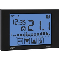 Cronotermostato touch screen nero radiofrequenza con programmazione settimanale batterie per regolazione temperatura ambiente