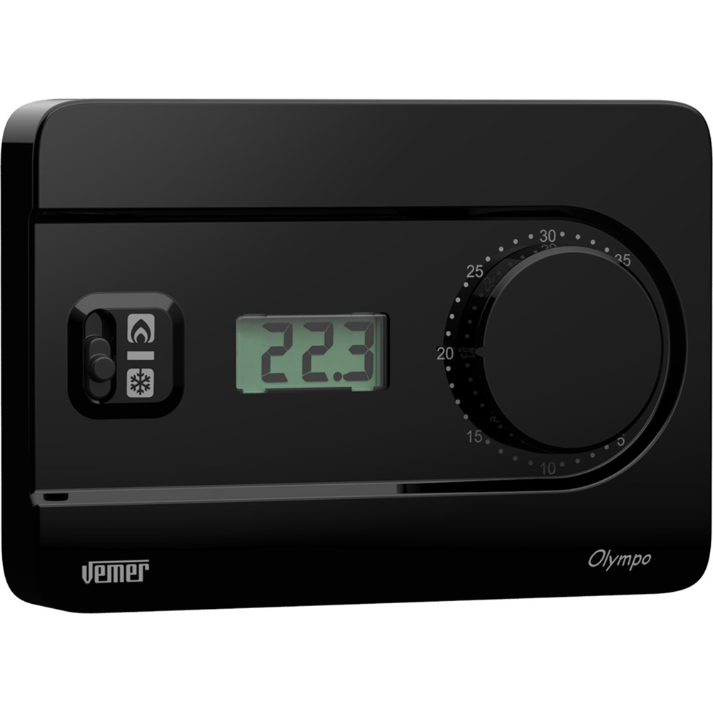 Termostato da parete OLYMPO LCD nero con manopola e alimentazione a batterie per controllo temperatura riscaldamento e condizionamento