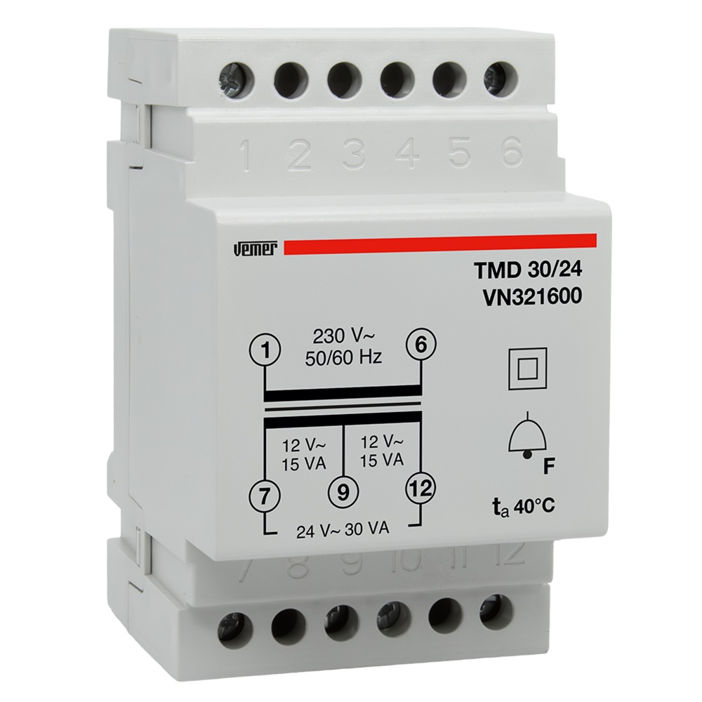 Trasformatore sicurezza 30VA 230V a 0-12-24VAC installazione barra DIN uso discontinuo