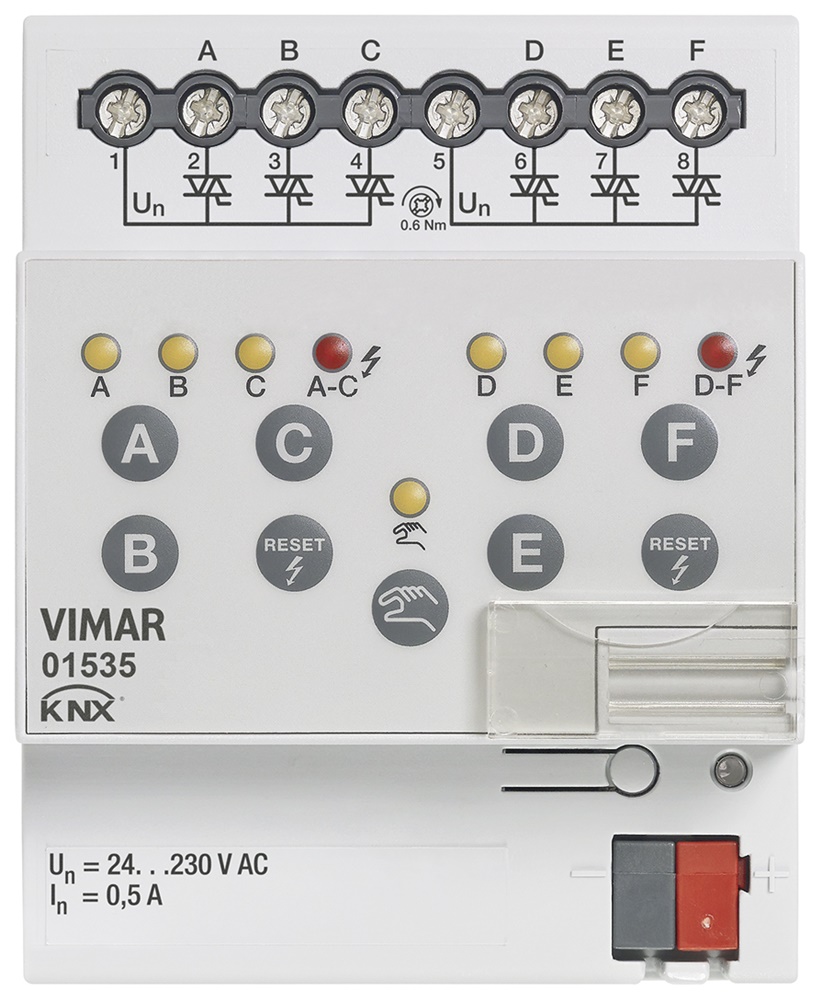 Attuatore elettrovalvole 6 uscite 230V KNX guida DIN per comando locale