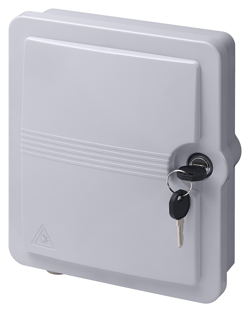 Terminale di testa STOM per 12 fibre ottiche con 12 adattatori SC/APC, IP65, grigio RAL 7035, dimensioni 245x210x65 mm, ingresso 2 cavi, sicurezza chiusura
