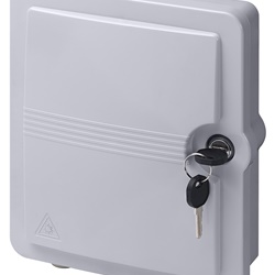 Terminale di testa STOM per 12 fibre ottiche con 12 adattatori SC/APC, IP65, grigio RAL 7035, dimensioni 245x210x65 mm, ingresso 2 cavi, sicurezza chiusura
