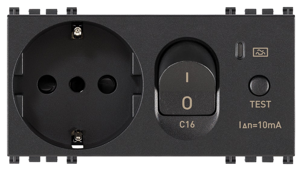 Presa 2P+T 16A P30 interbloccata con magnetotermico differenziale 16A 10mA grigia per uso domestico e industriale
