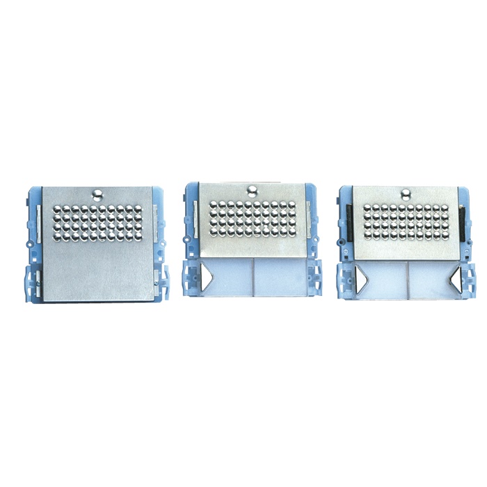 Serie Powercom - Modulo 1 pulsante predisposto per unità audio, acciaio inox, cartellini portanome, illuminazione LED blu