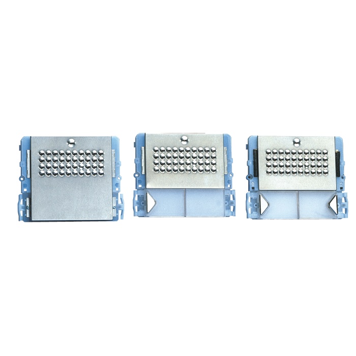 Serie Powercom - Modulo 2 pulsanti predisposto per unità audio, acciaio inox, cartellini portanome, illuminazione LED blu